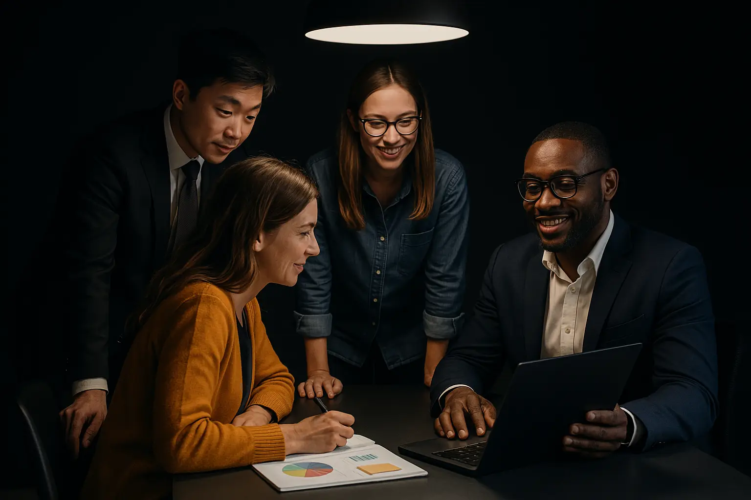 Diverse team of professionals collaborating around a laptop and charts in a modern, dark-background office setting.