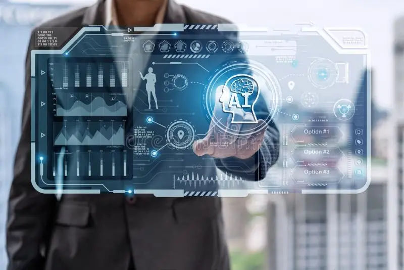 Business professionals analyzing data on a futuristic transparent screen with AI and machine learning graphics, symbolizing innovation, digital transformation, and future-ready leadership in 2025.