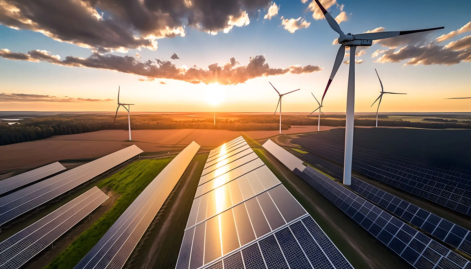 Wind turbines and solar panels working together in a hybrid energy system, illustrating scalable renewable power solutions for a sustainable future.