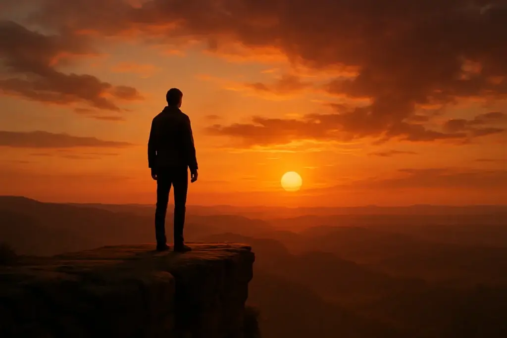 Person standing on a cliff at sunset, looking out over the ocean — symbolizing belief, possibility, and trusting the journey ahead.