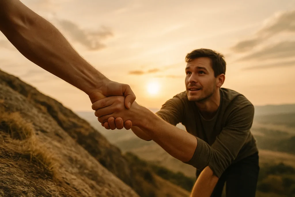 A close-up of one person reaching down to help another climb up a hill — symbolizing supportive leadership, trust, and empowering others to rise.