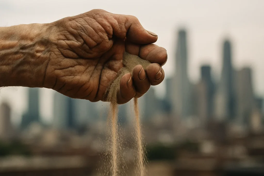 An aged hand with sand slipping through its fingers—symbolizing time, loss of value, and the quiet erosion of what was earned through a lifetime of work.