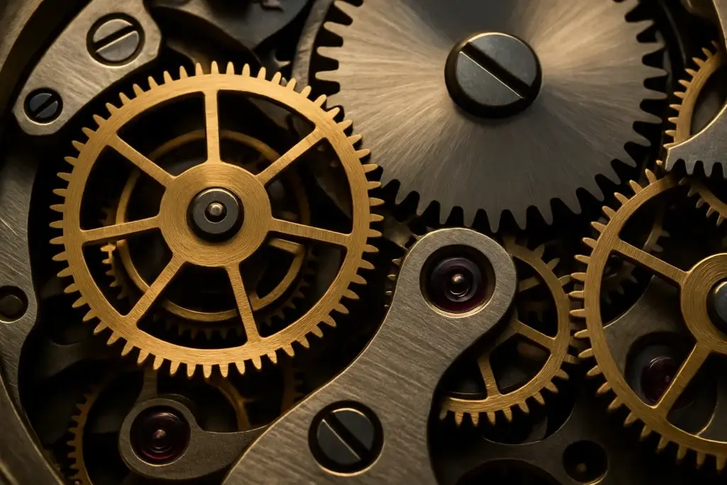 Close-up of mechanical watch gears in motion—symbolizing precision, structure, and the quiet power of well-designed systems driving consistent progress.