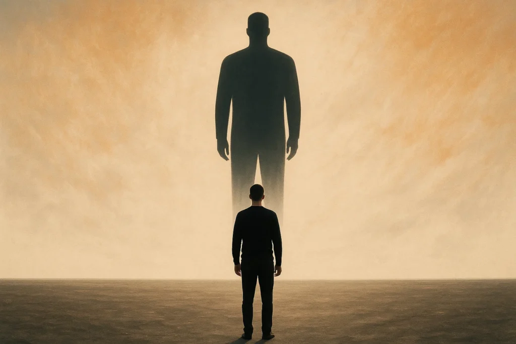 A person standing in front of their reflection, which appears stronger and more confident—symbolizing how belief in others helps unlock their true potential.