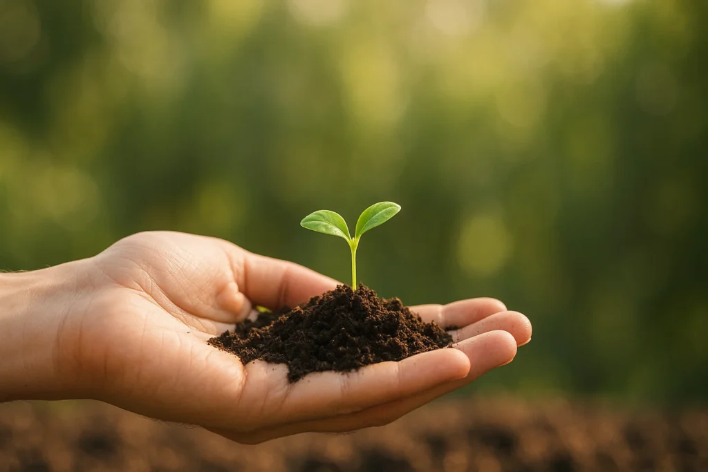 A hand gently holding a small seedling emerging from the soil—symbolizing belief in new beginnings, patient growth, and the power of nurturing future potential.