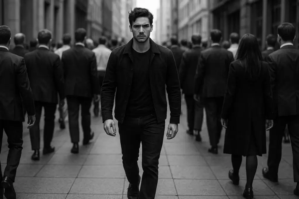 One person walking in the opposite direction of a large crowd — symbolizing bold leadership, independent thinking, and the courage to challenge the status quo.