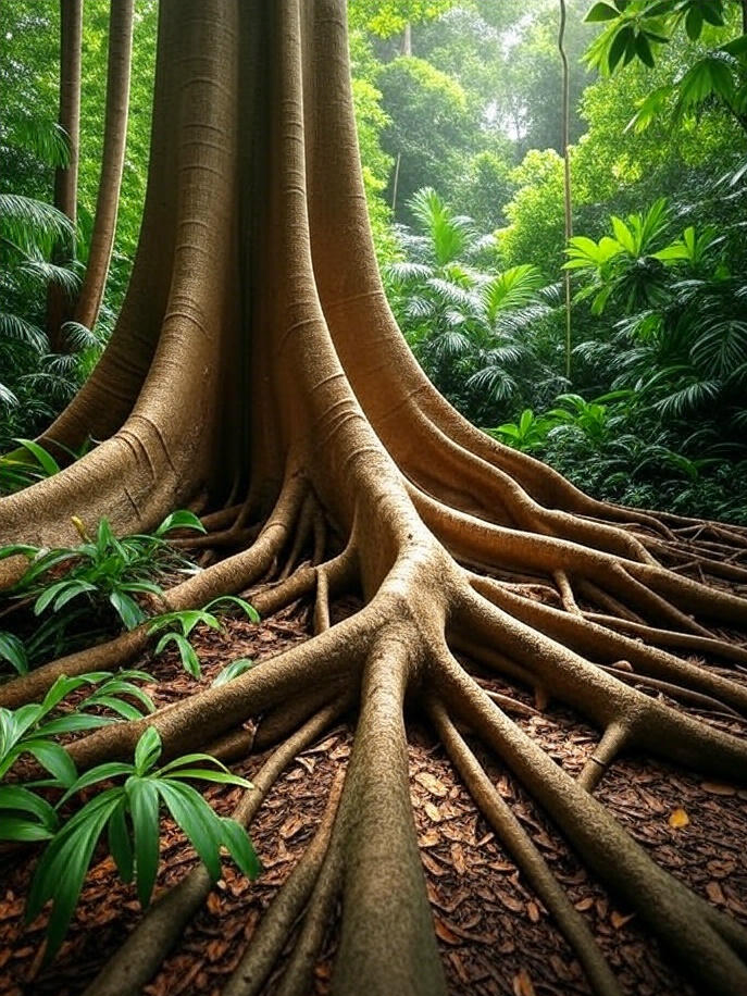 A robust tree with thick, sprawling roots in a lush jungle setting, surrounded by dense green foliage and soft sunlight filtering through the canopy.